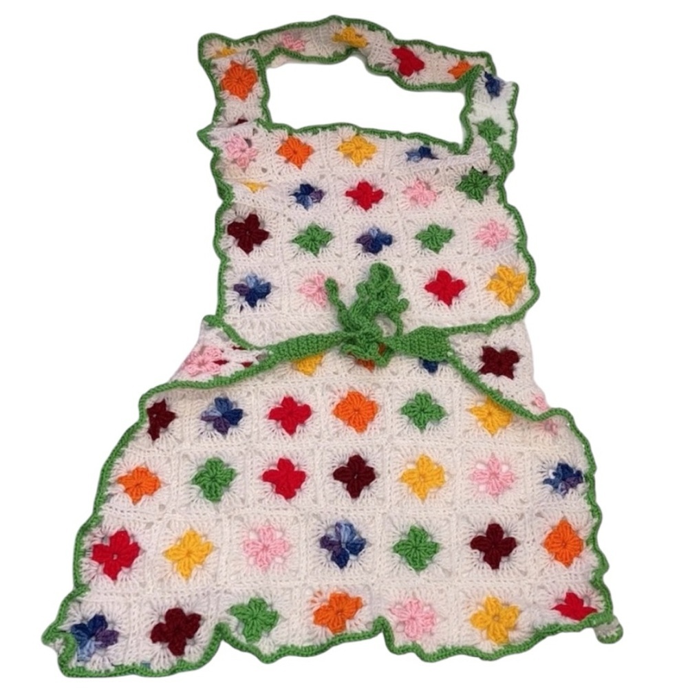 Easter Crochet Apron Tie Waist Multicolor Diamond Design NWOT Super Festive!